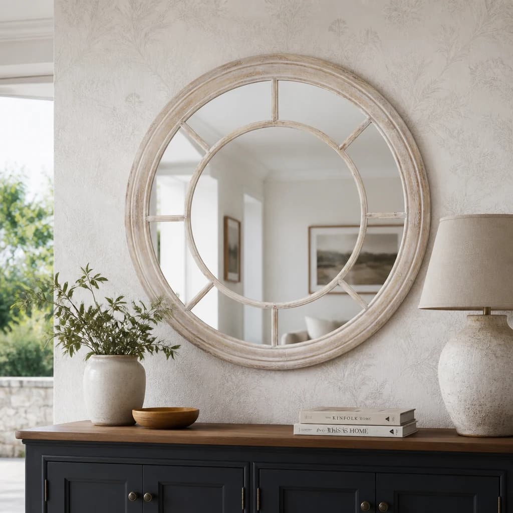 Washed Wood Framed Round Mirror - Mirrors, photo 1 of 4