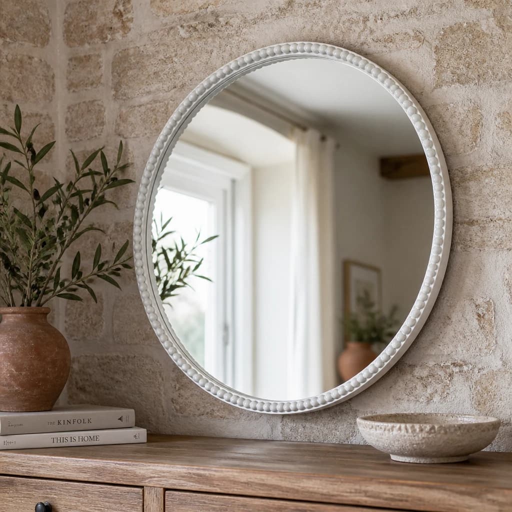 Washed Wood Framed Beaded Mirror - Mirrors, photo 1 of 2