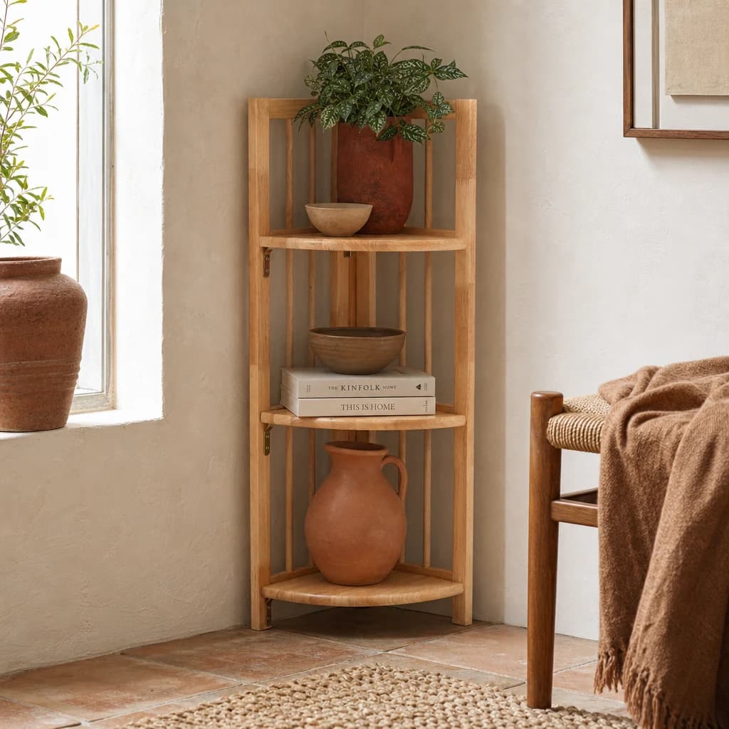 Heva 3 Tier Tropical Hevea Wood Corner Shelf Unit