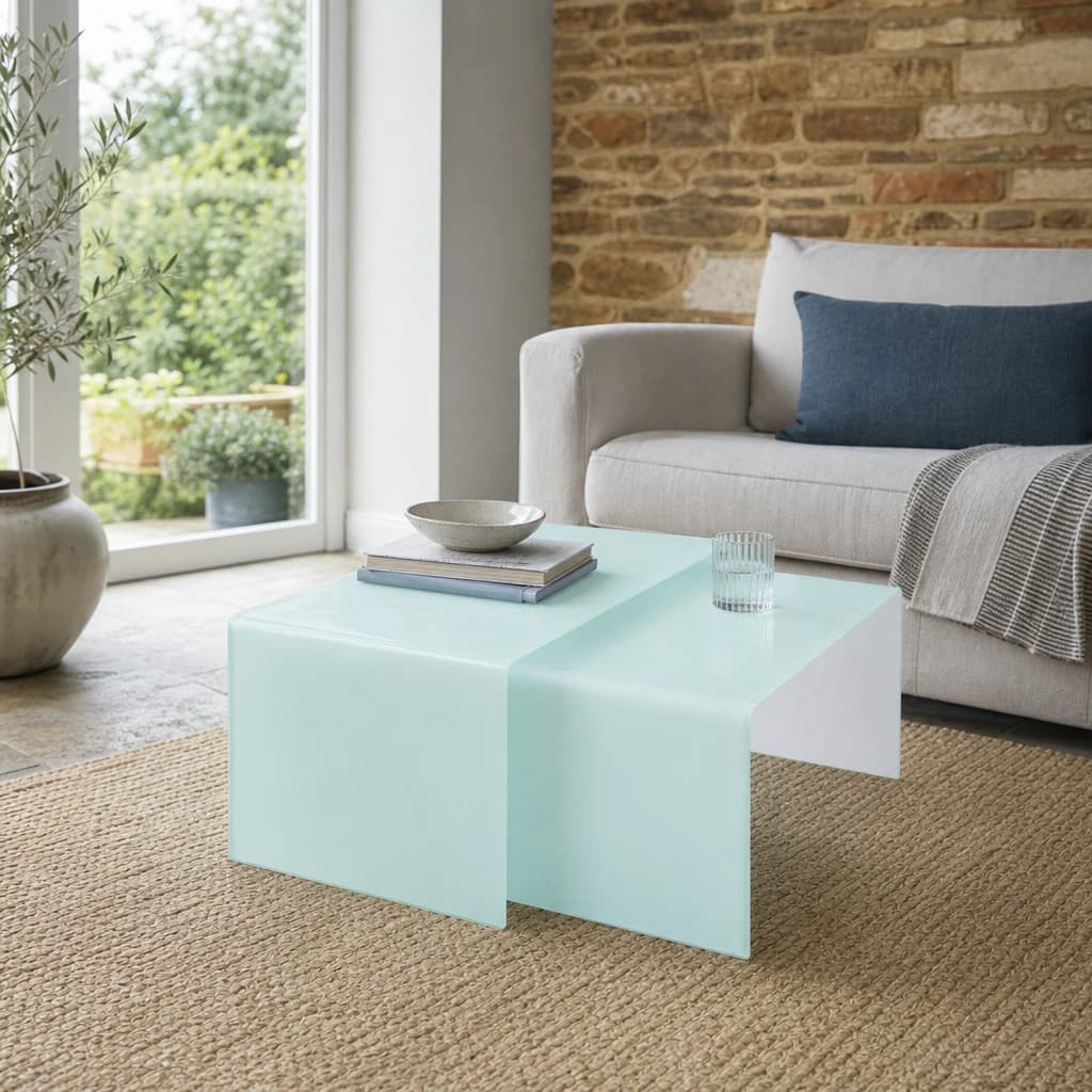 Cascade Nest Of 2 Aqua Green Curved Glass Coffee Tables - Tables, photo 1 of 2