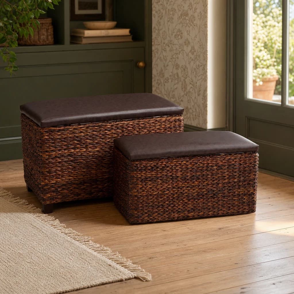 Cattail Woven Rattan and Faux Leather Set of 2 Storage Ottomans - Bookcases & shelving, photo 1 of 4