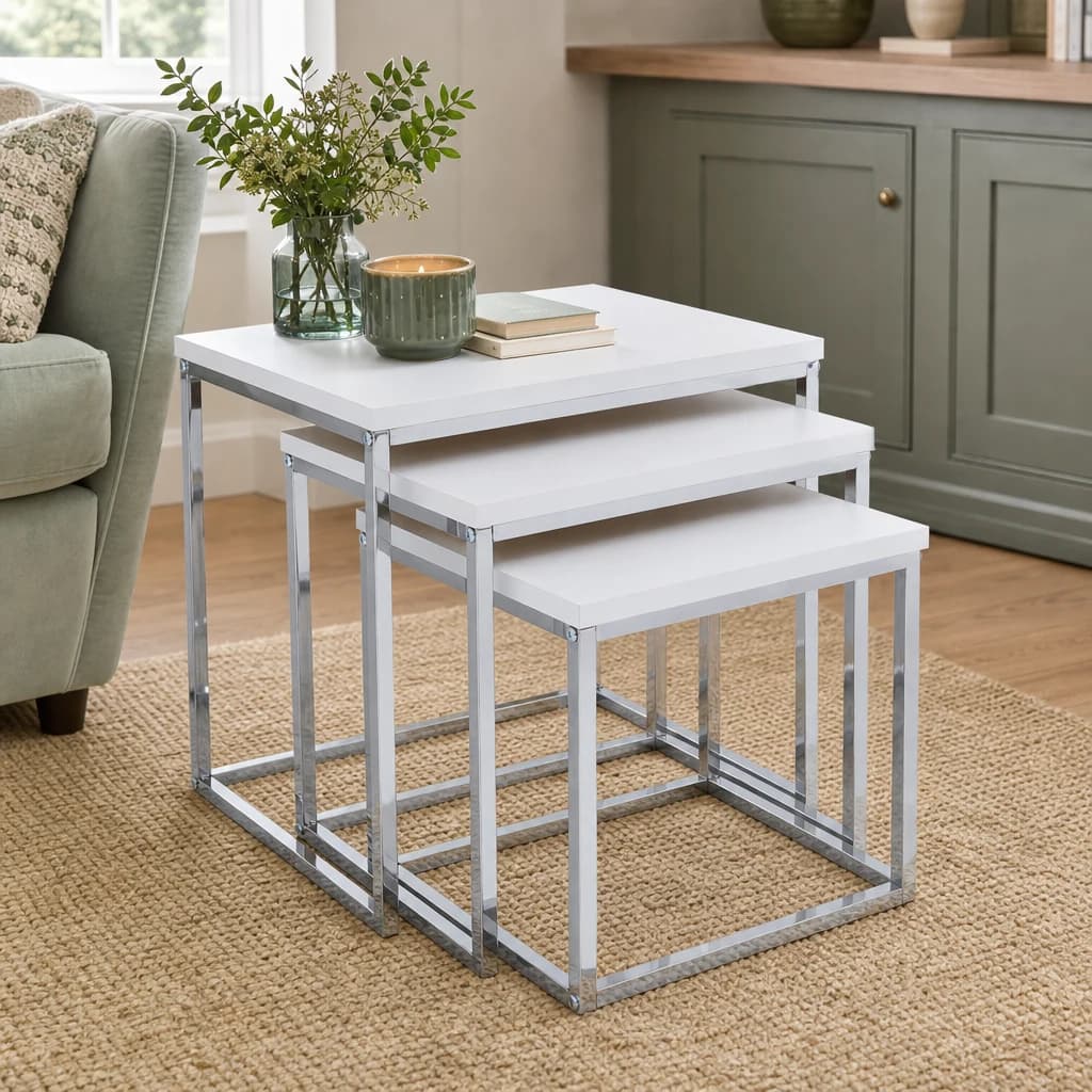 Fulton Matte White Nest Of 3 Tables With Chrome Frame - Tables, photo 1 of 6
