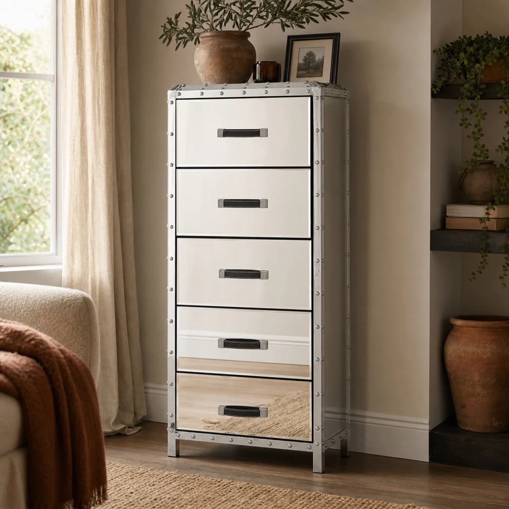 Rivet Mirrored Chest of 5 Drawers - Furniture, photo 1 of 4