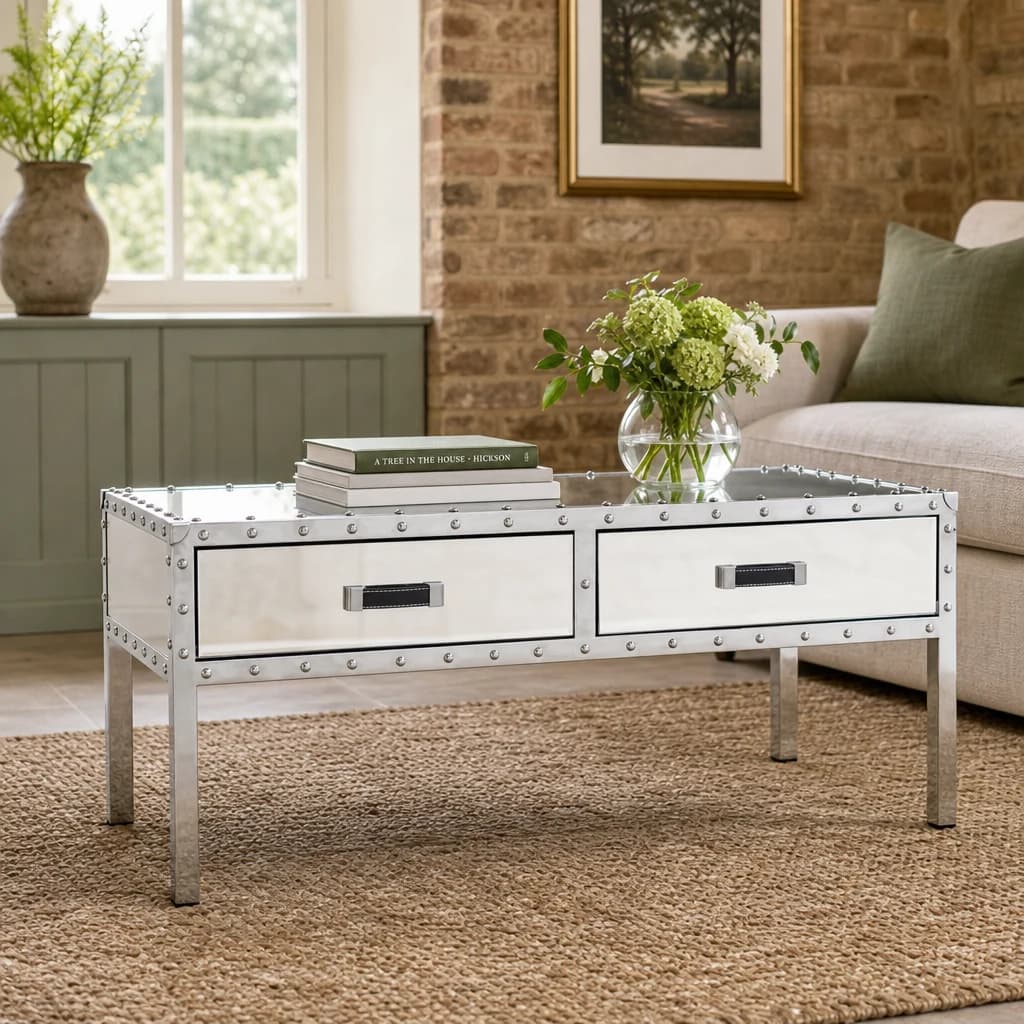 Rivet Mirrored Coffee Table with Drawers - Tables, photo 1 of 3