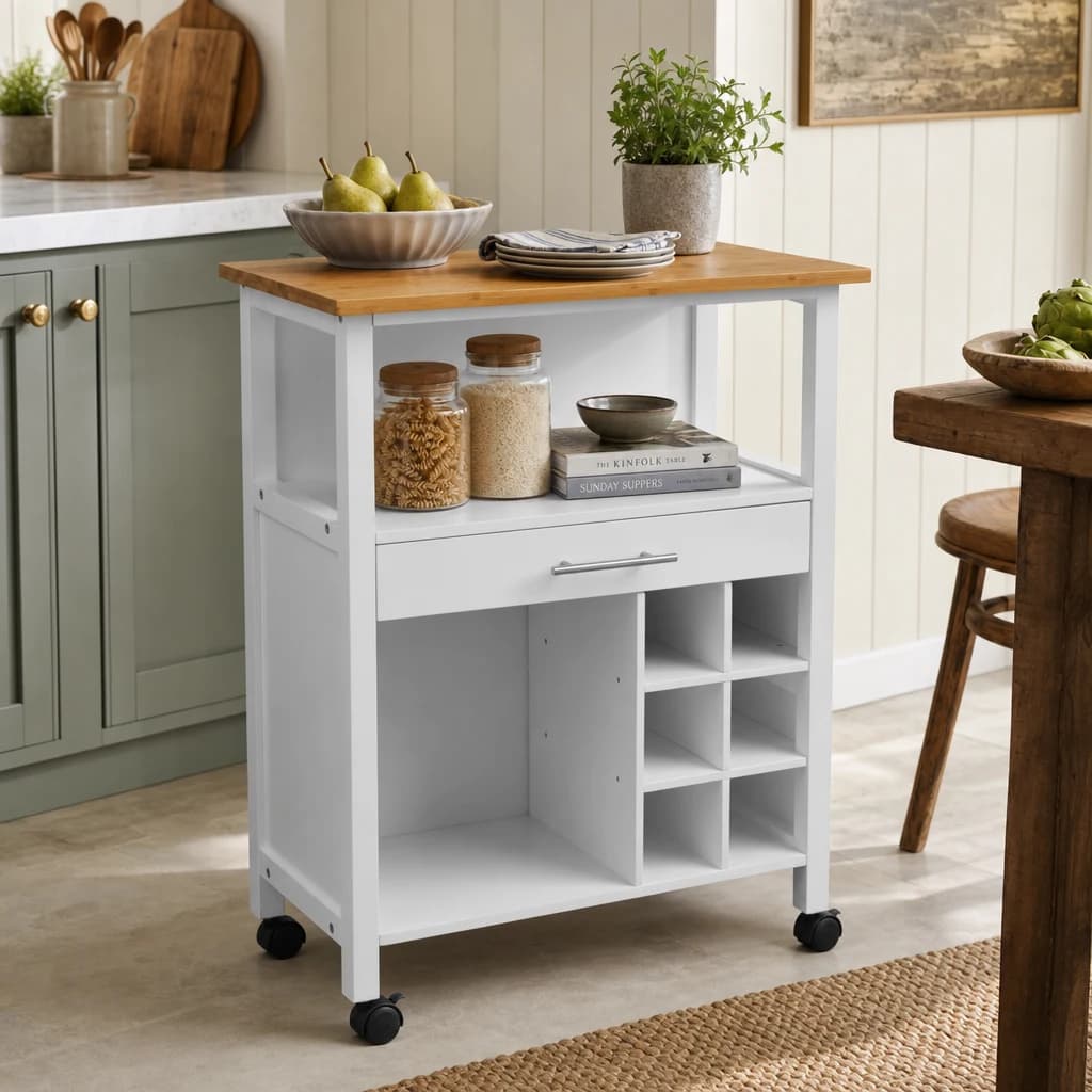Harlow White and Bamboo Top 1 Drawer Kitchen Trolley - Furniture, photo 1 of 6