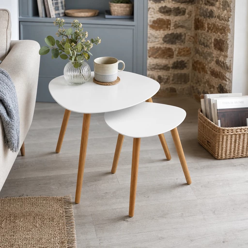 Nostra White Gloss Set Of 2 Side Tables with Bamboo Legs - Tables, photo 1 of 3