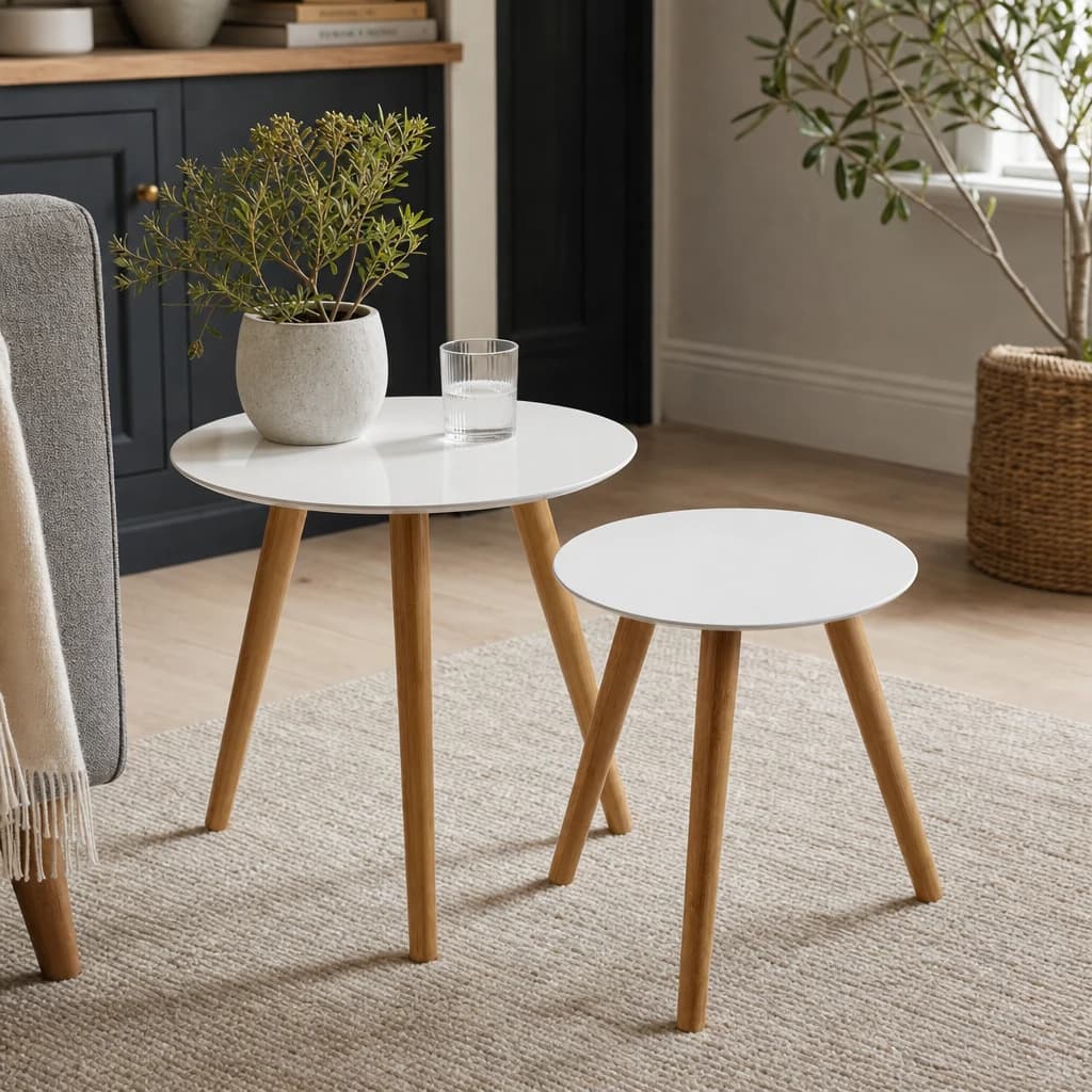 Nostra White Gloss and Bamboo Set Of 2 Round Side Tables - Tables, photo 1 of 3