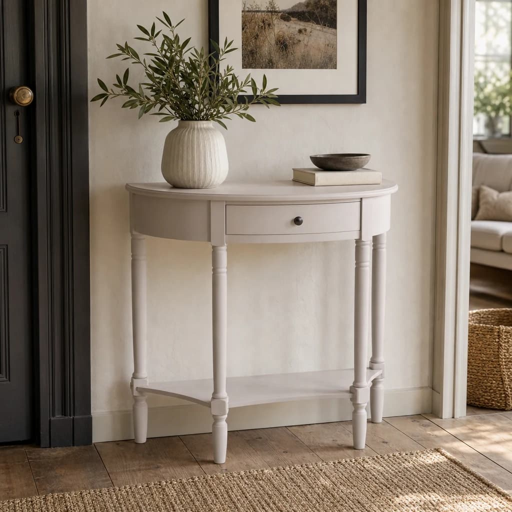 Heritage Grey Putty Half Moon One Drawer Wooden Console Table - Tables, photo 1 of 8
