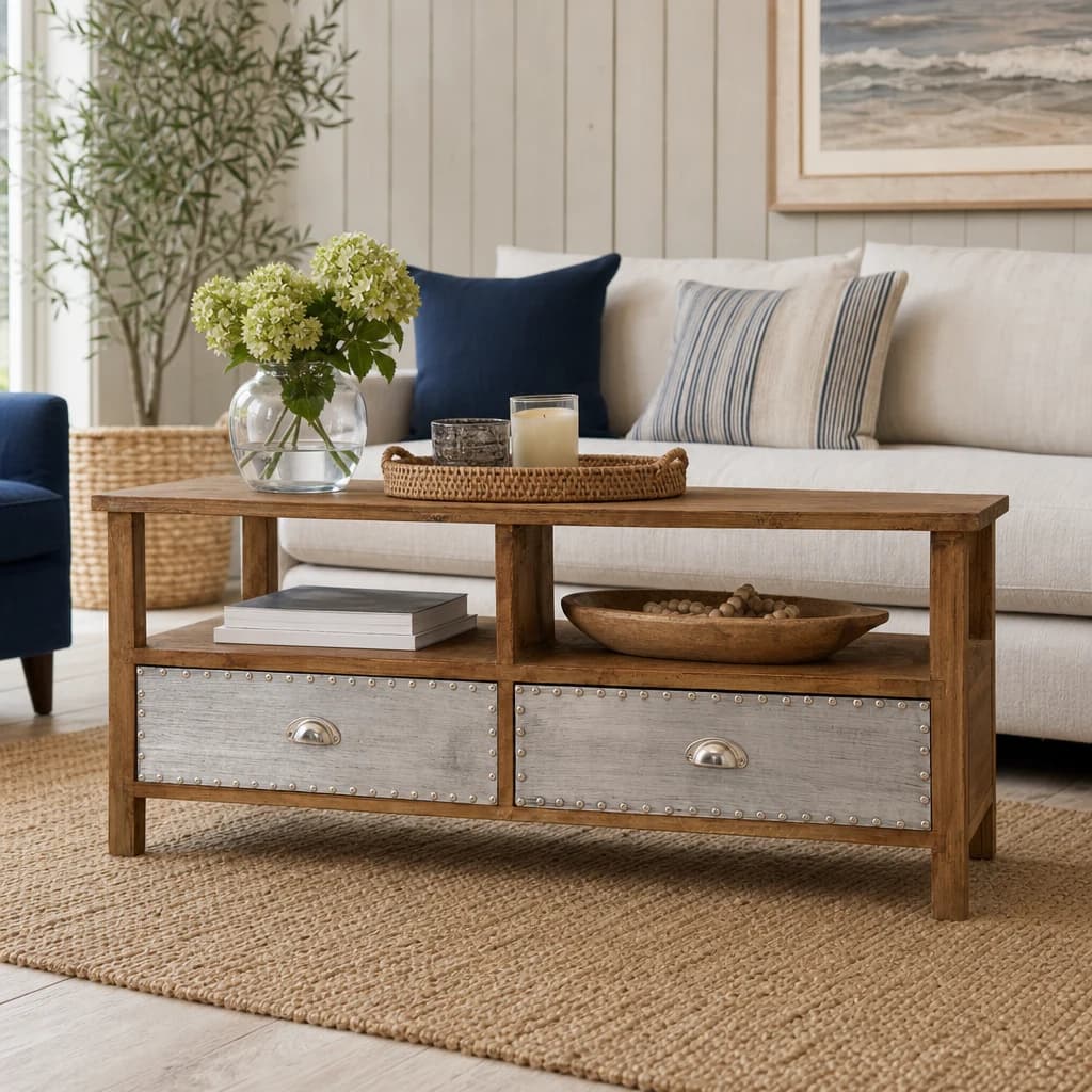 Shoreditch Natural Wooden Coffee Table with Aluminium Drawers - Tables, photo 1 of 4