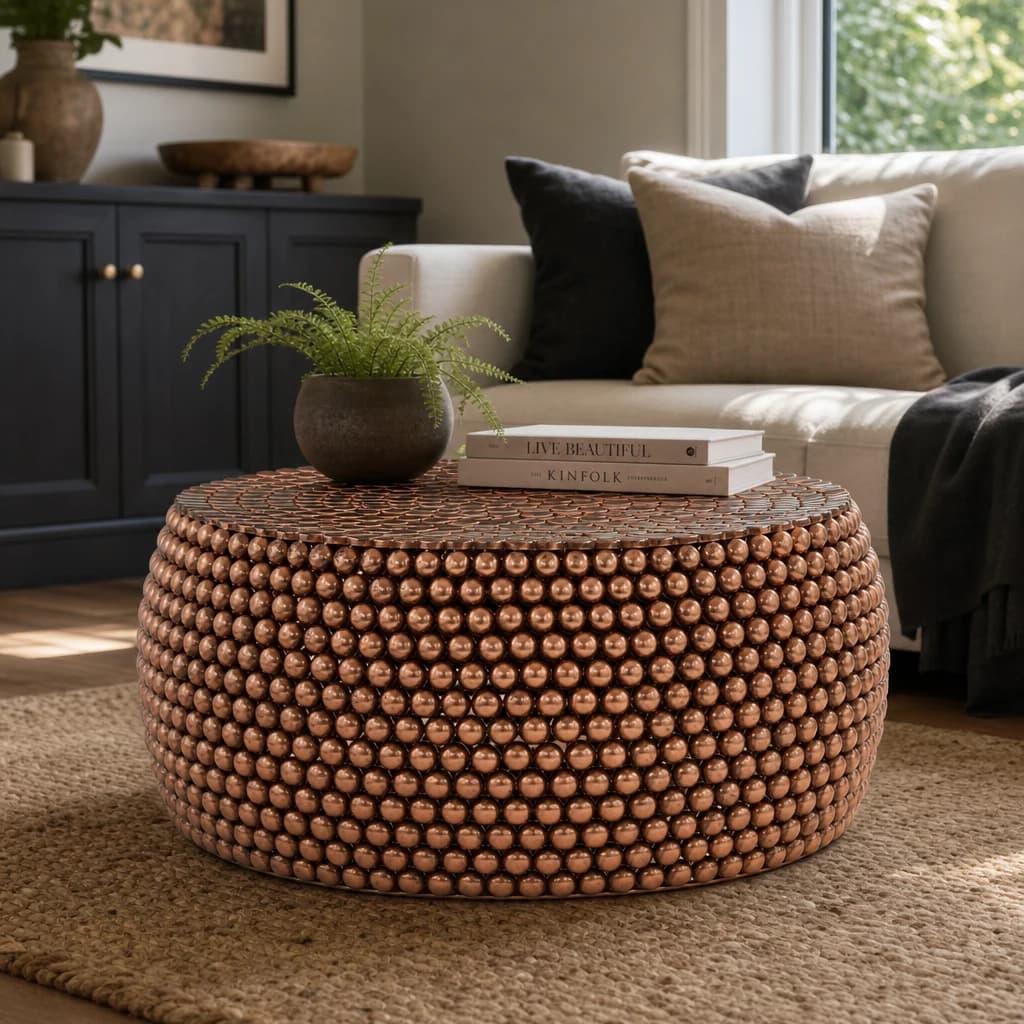 Templar Beaded Copper Finish Round Coffee Table - Tables, photo 1 of 5