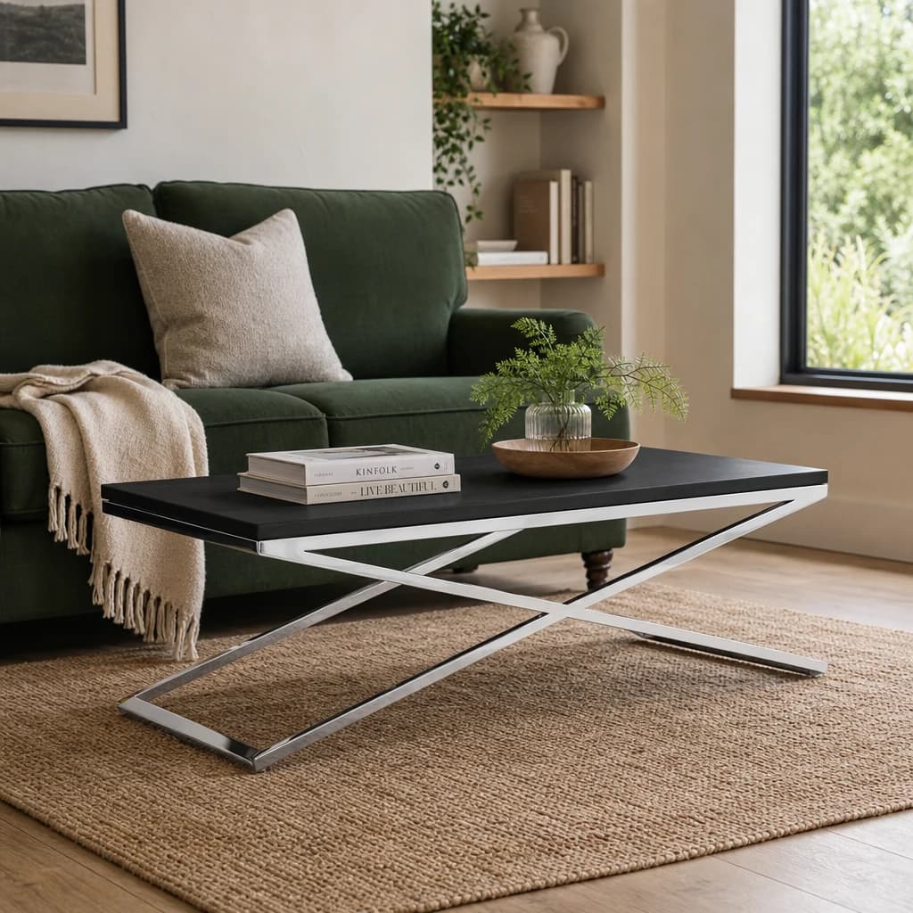 Tribute Black Leather Effect Coffee Table with Silver Base - Tables, photo 1 of 3