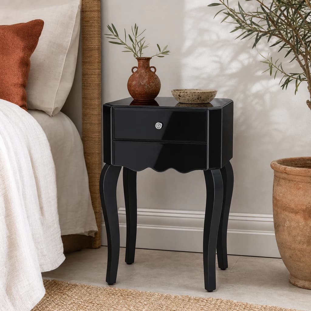 Orchid 1 Drawer Black Mirrored Glass Side Table - Tables, photo 1 of 5
