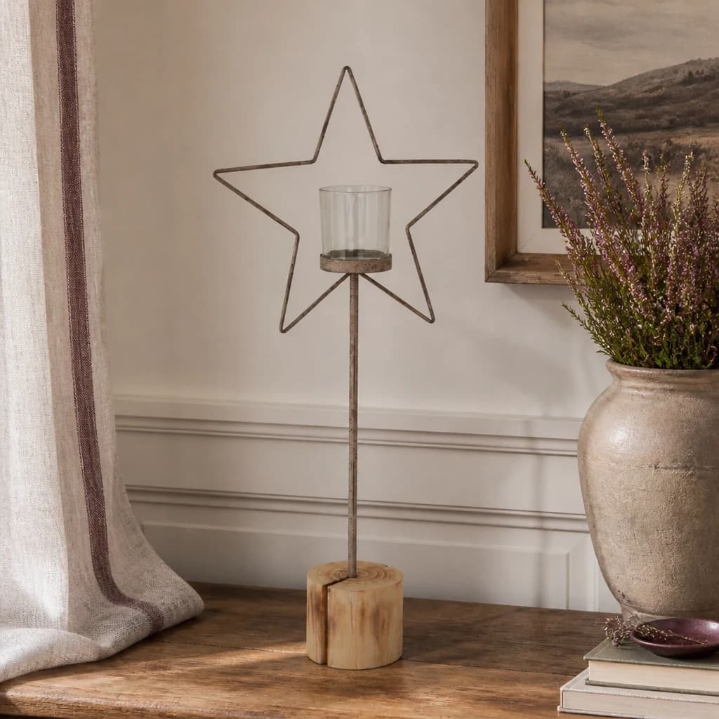 Large Natural Rustic Star On Wood Stand With Glass Votive - Candles, photo 1 of 4