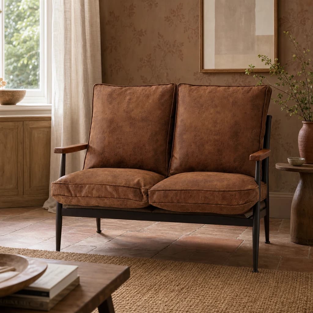 New Foundry Brown Leather Effect 2 Seater Sofa - Seating, photo 1 of 4