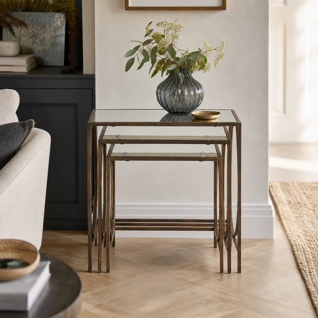 Avantis Bronze Finish Set of 3 Nesting Tables with Mirror Tops - Tables, photo 1 of 7
