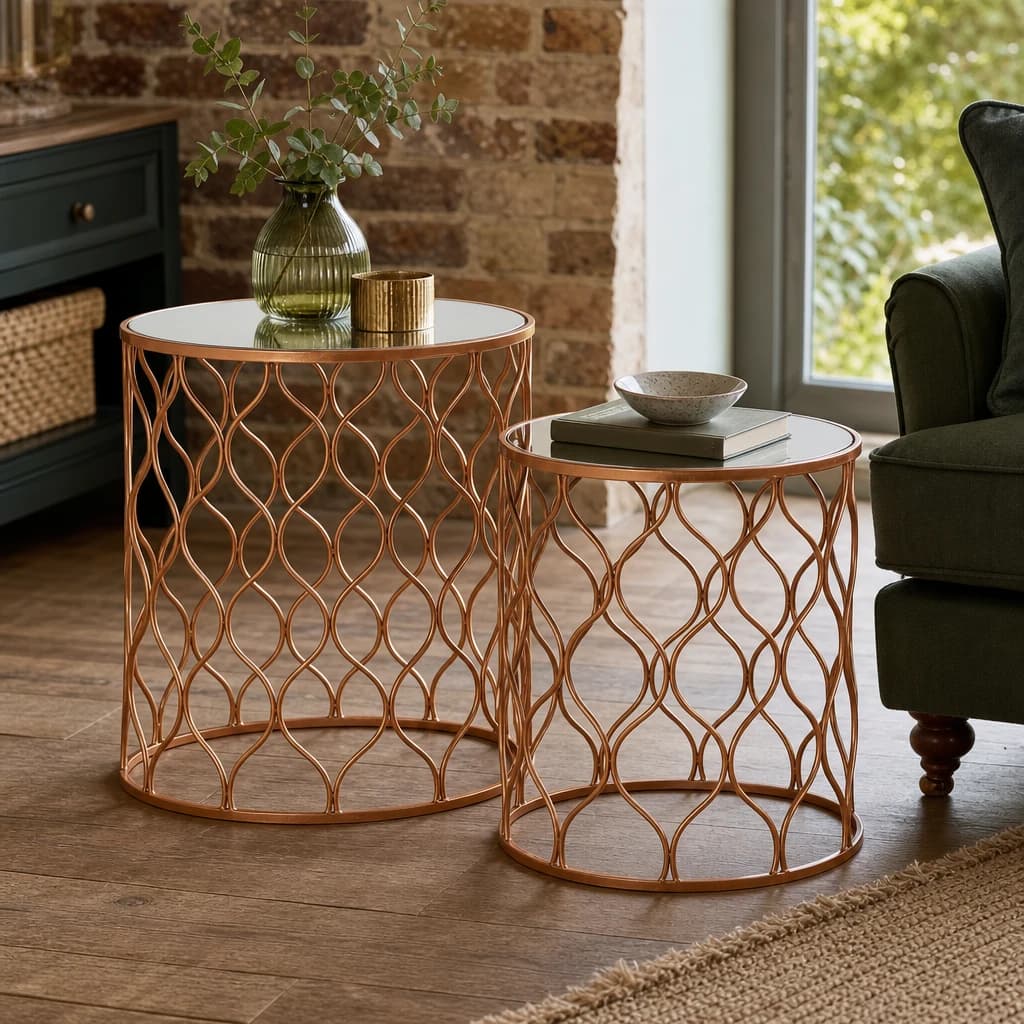 Avantis Set Of Two Copper Finish Side Tables with Mirror Tops - Tables, photo 1 of 7