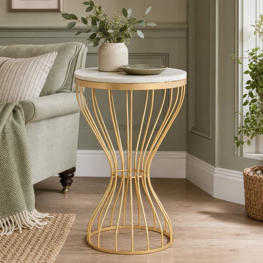 Templar White Marble and Gold Base Round Side Table - Tables, photo 1 of 7