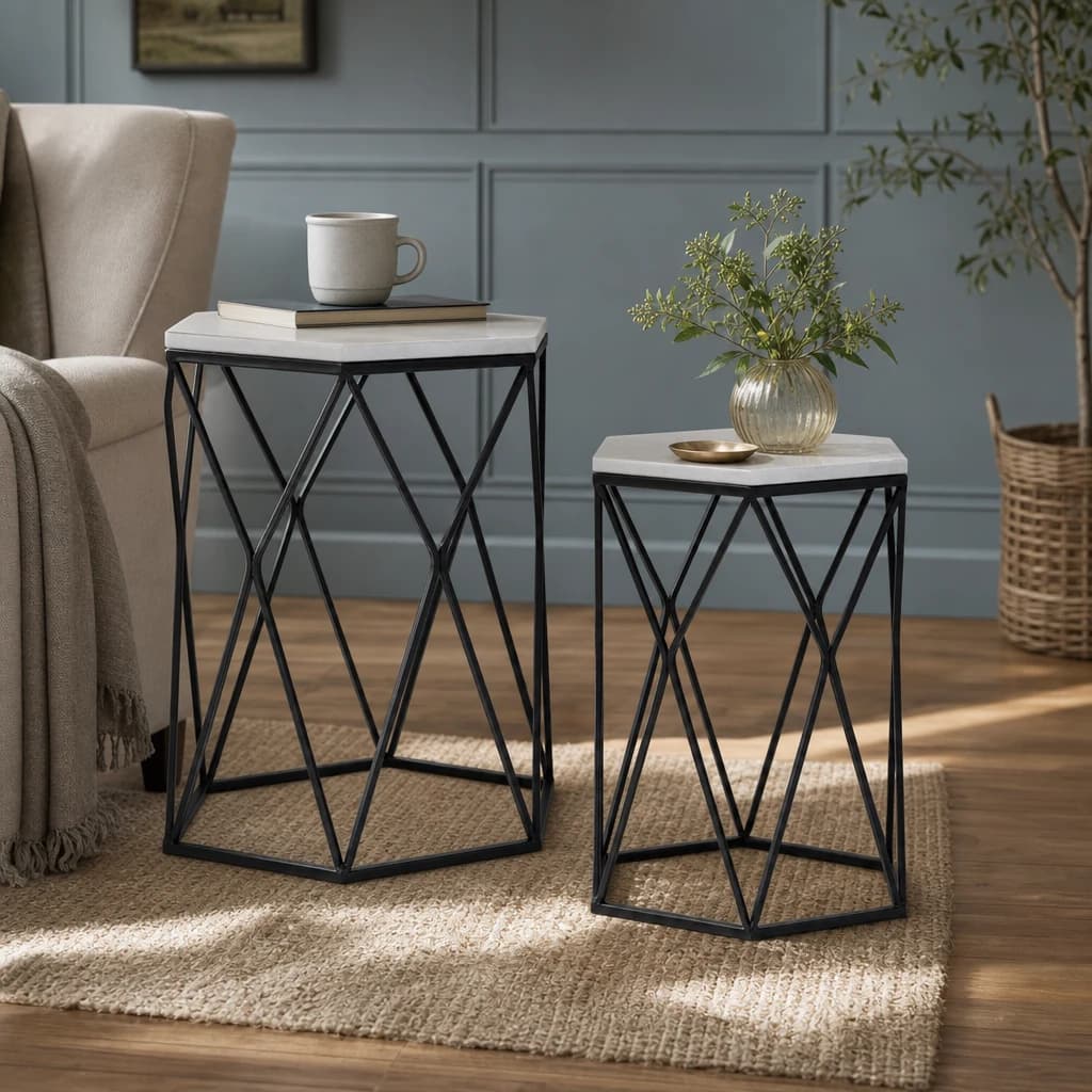 Arcana White Marble and Black Metal Set Of 2 Hexagonal Side Tables - Tables, photo 1 of 3