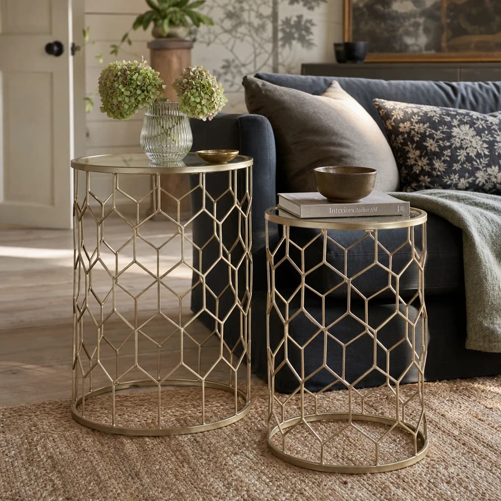 Arcana Champagne Finish Set Of Two Honeycomb Side Tables. - Tables, photo 1 of 7