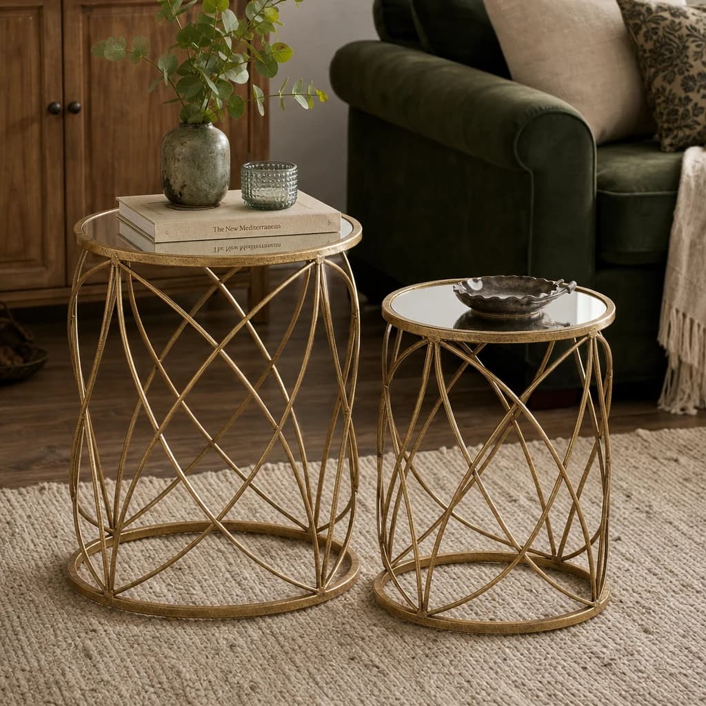 Arcana Gold Finish Set Of Two Round Side Tables with Mirror Top - Tables, photo 1 of 8