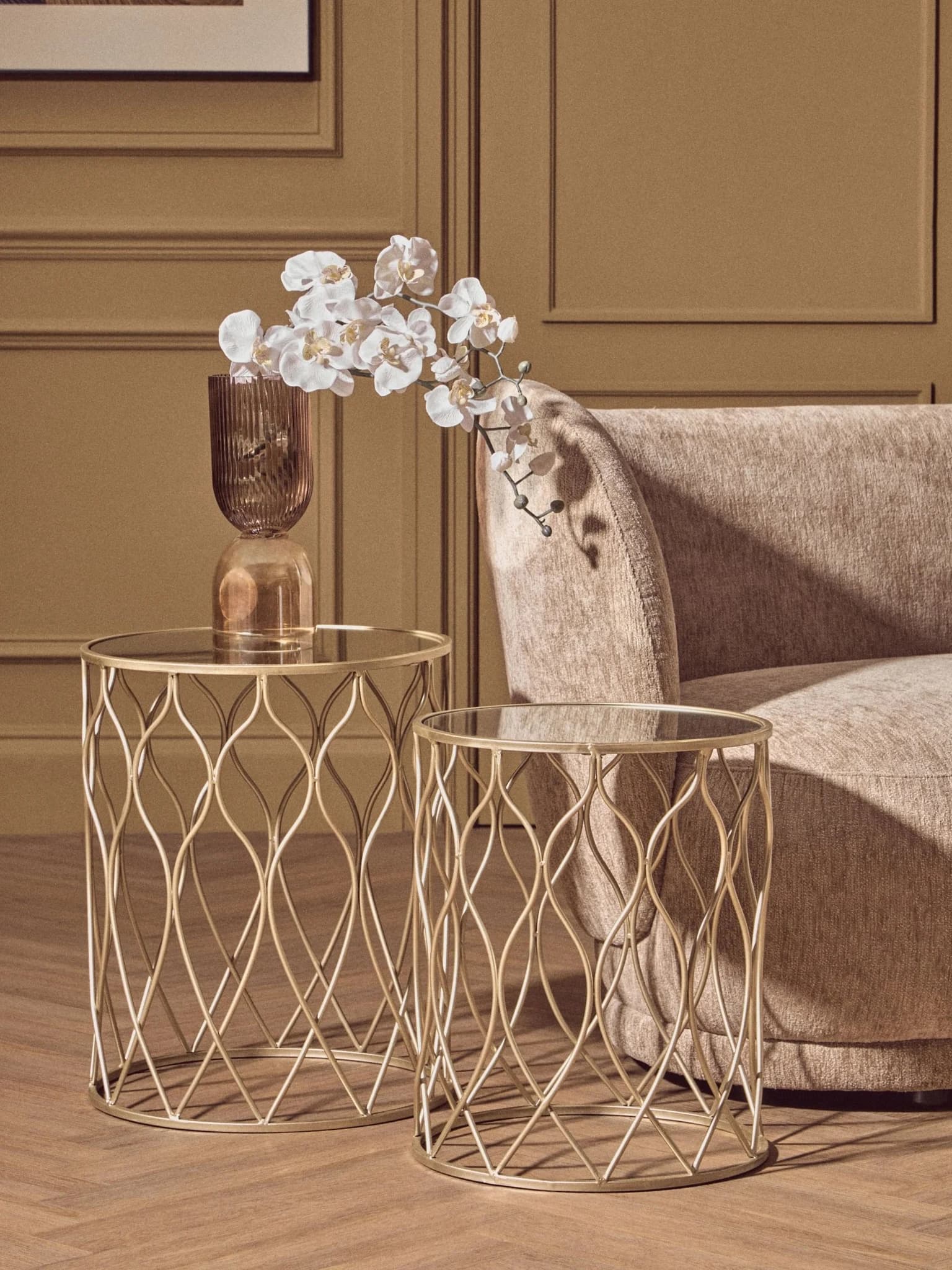 Arcana Champagne Finish and Mirrored Top Set Of Two Round Side Tables - Tables, photo 5 of 7