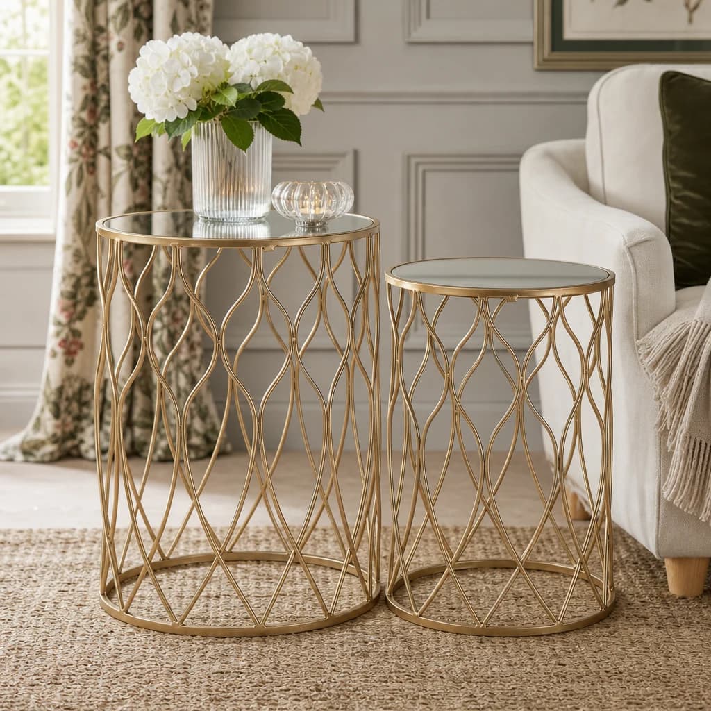 Arcana Champagne Finish and Mirrored Top Set Of Two Round Side Tables - Tables, photo 1 of 7