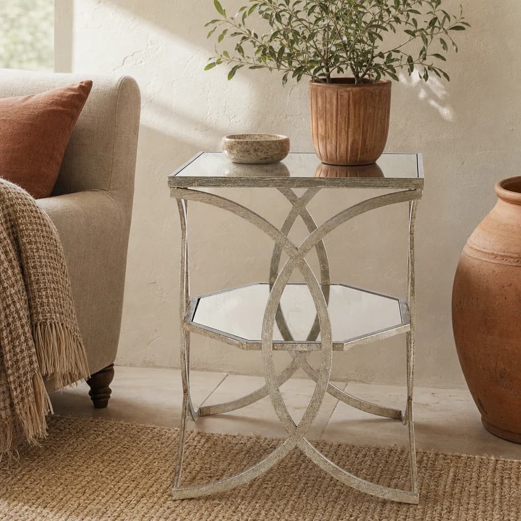 Zariah Antique Silver Finish and Mirror Top Side Table - Tables, photo 1 of 4