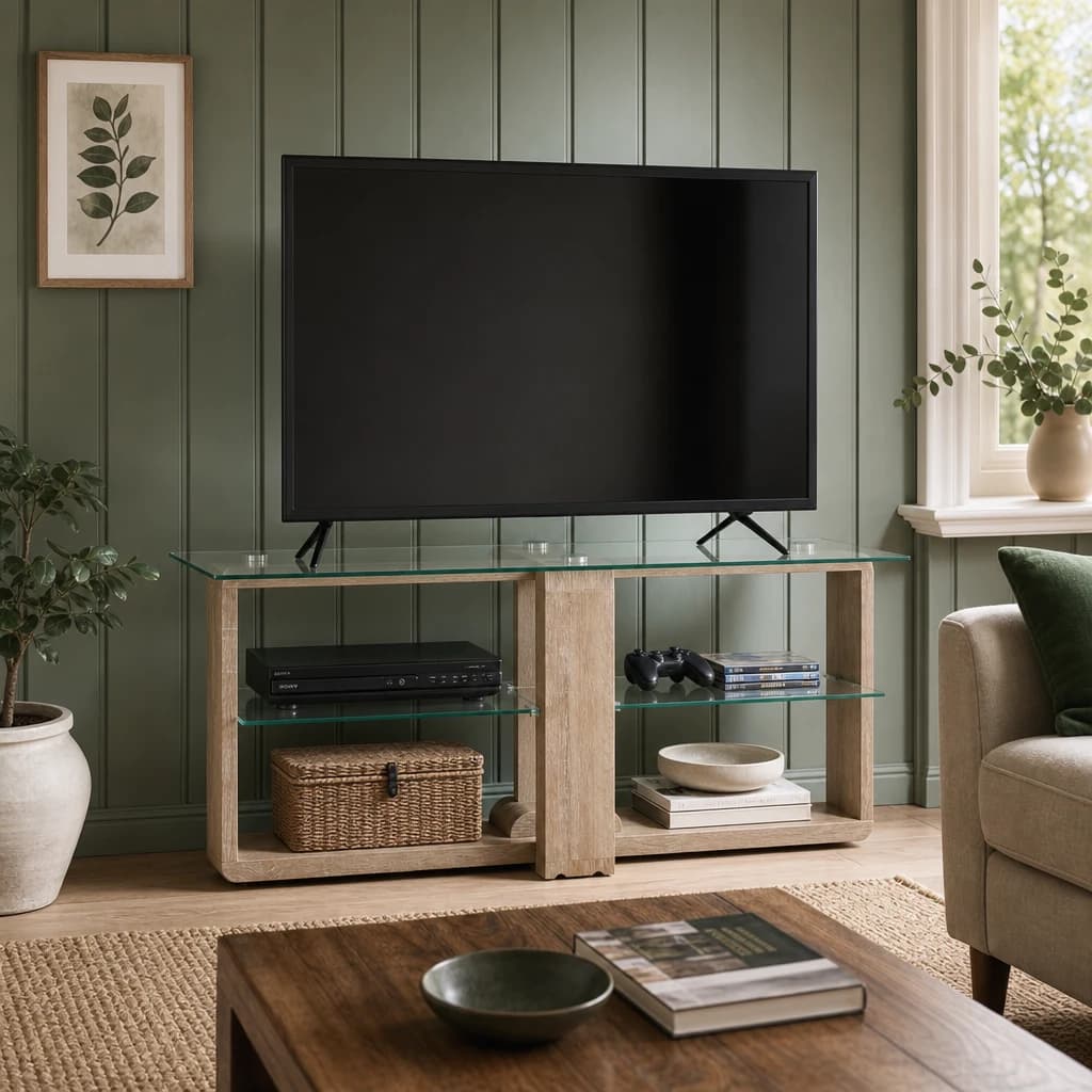 Barton 2 Tier Glass Media Unit with Wood Effect Legs - Bookcases & shelving, photo 1 of 5