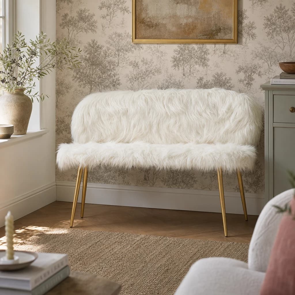 Sienna White Faux Fur 2 Seat Sofa With Gold Finish Legs - Seating, photo 1 of 8