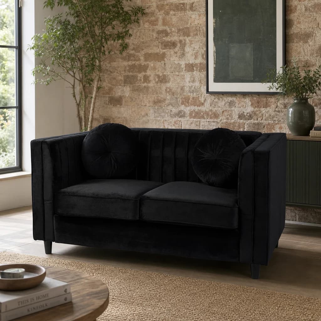 Farah Two Seat Black Velvet Sofa - Seating, photo 1 of 7