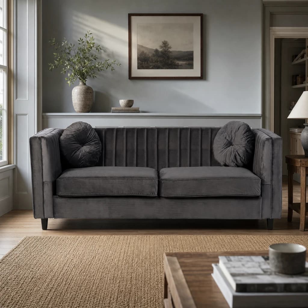 Farah Three Seat Grey Velvet Sofa - Seating, photo 1 of 7