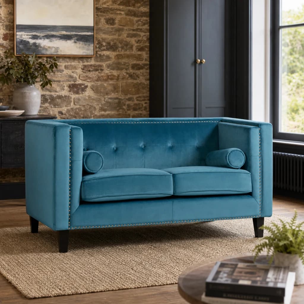 Felisa Two Seat Teal Blue Velvet Sofa - Seating, photo 1 of 7