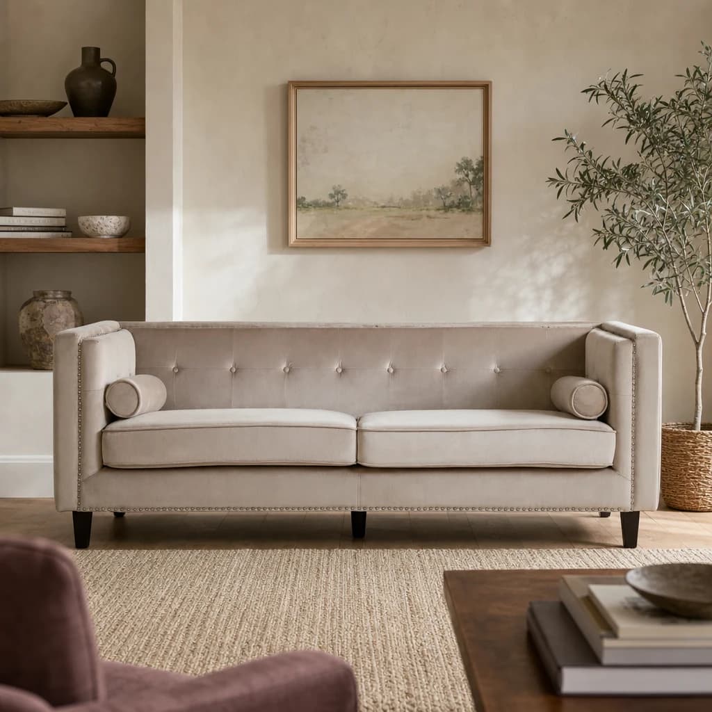 Felisa 3 Seat Mink Velvet Sofa - Seating, photo 1 of 8