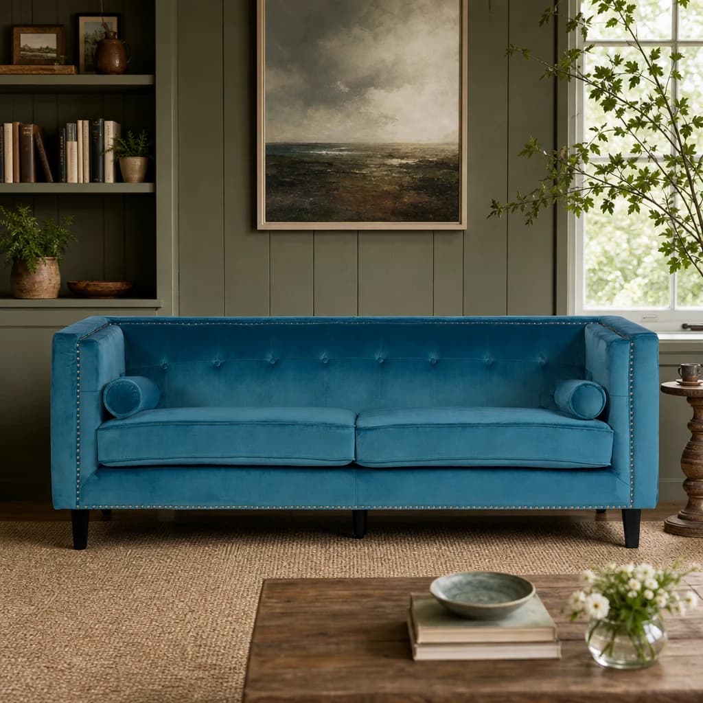 Felisa 3 Seat Teal Blue Velvet Sofa - Seating, photo 1 of 7
