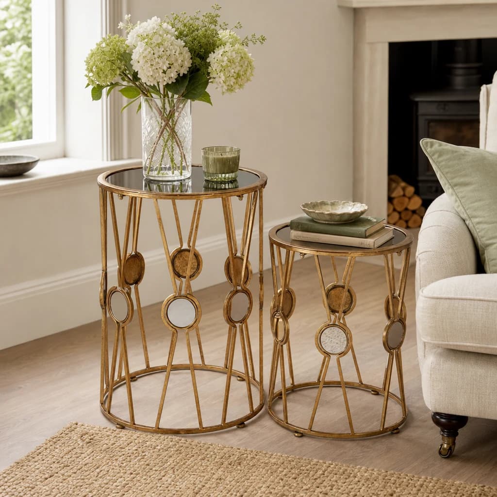 Faiza Black Glass and Gold Frame Set Of 2 Side Tables - Tables, photo 1 of 4