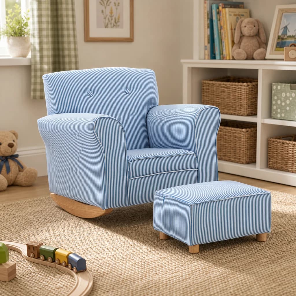 Kids Blue And White Stripe Rocking Chair With Footstool - Seating, photo 1 of 8