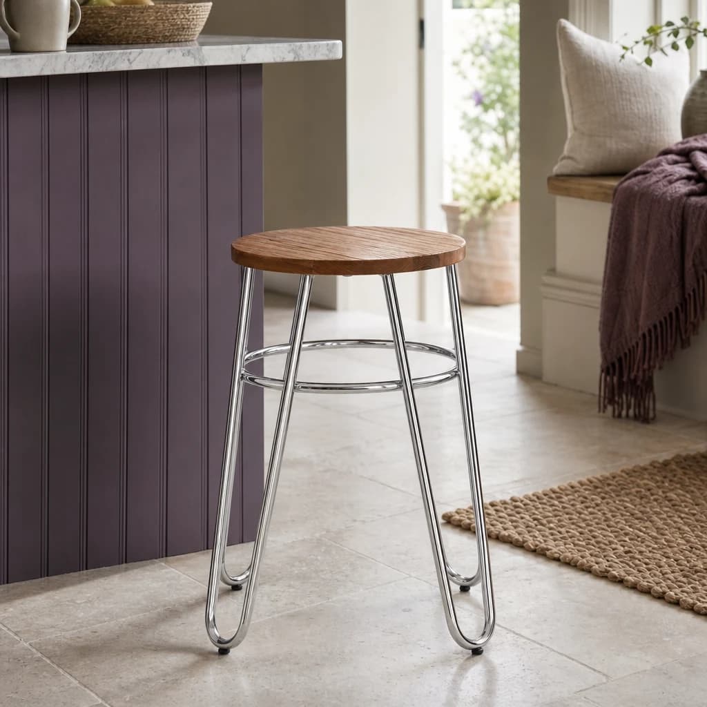 District Wood and Chrome Finish Hairpin Legs Stool - Seating, photo 1 of 6