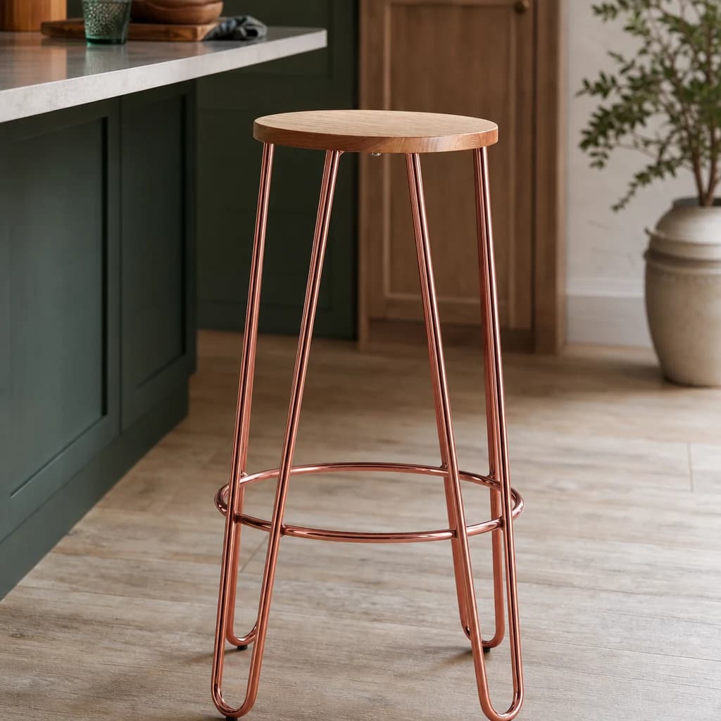 District Rose Gold Finish Wooden Top Bar Stool With Metal Legs - Seating, photo 1 of 7