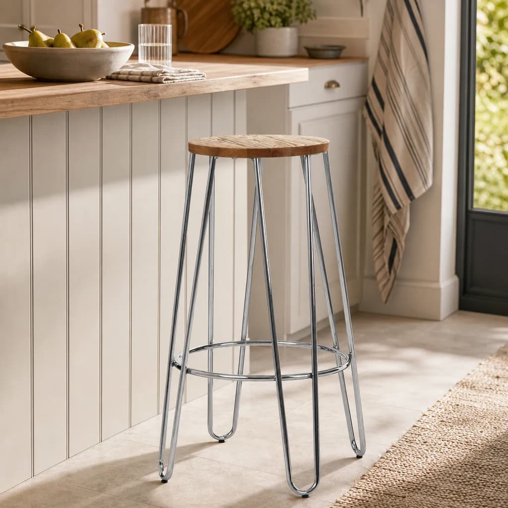 District Wood and Chrome Finish Hairpin Legs Bar Stool - Seating, photo 1 of 7