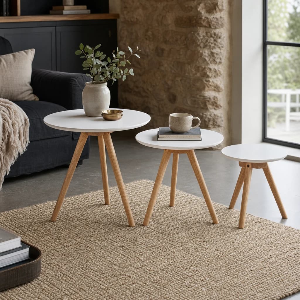 Nostra White and Natural Oak Wood Set Of 3 Side Tables - Tables, photo 1 of 4