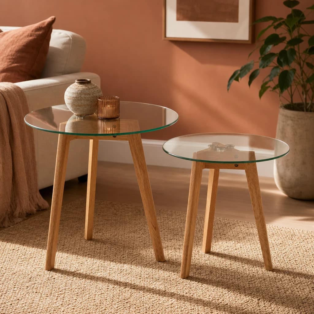 Nostra Set Of Two Glass Top Oak Wood Base Side Tables - Tables, photo 1 of 3