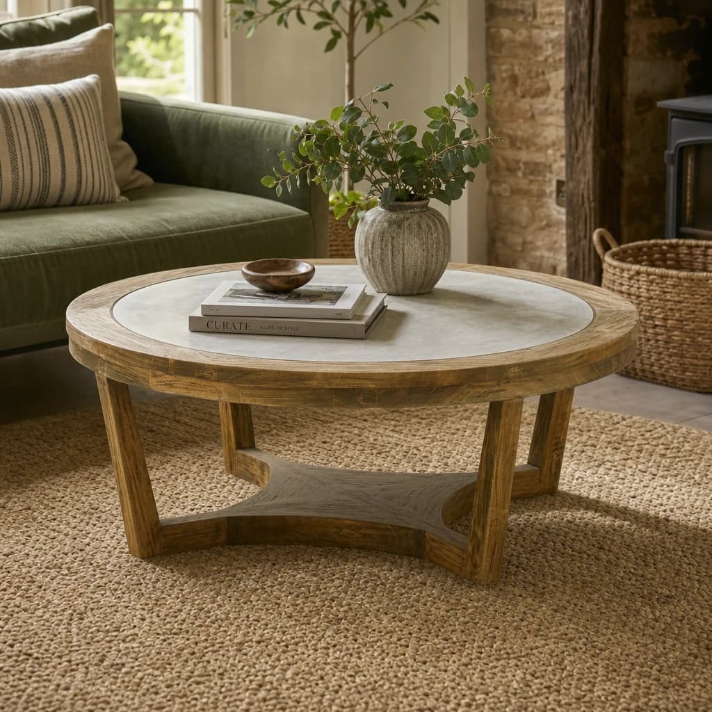Merdeka Wooden Round Coffee Table with Zinc Metal Top - Tables, photo 1 of 5