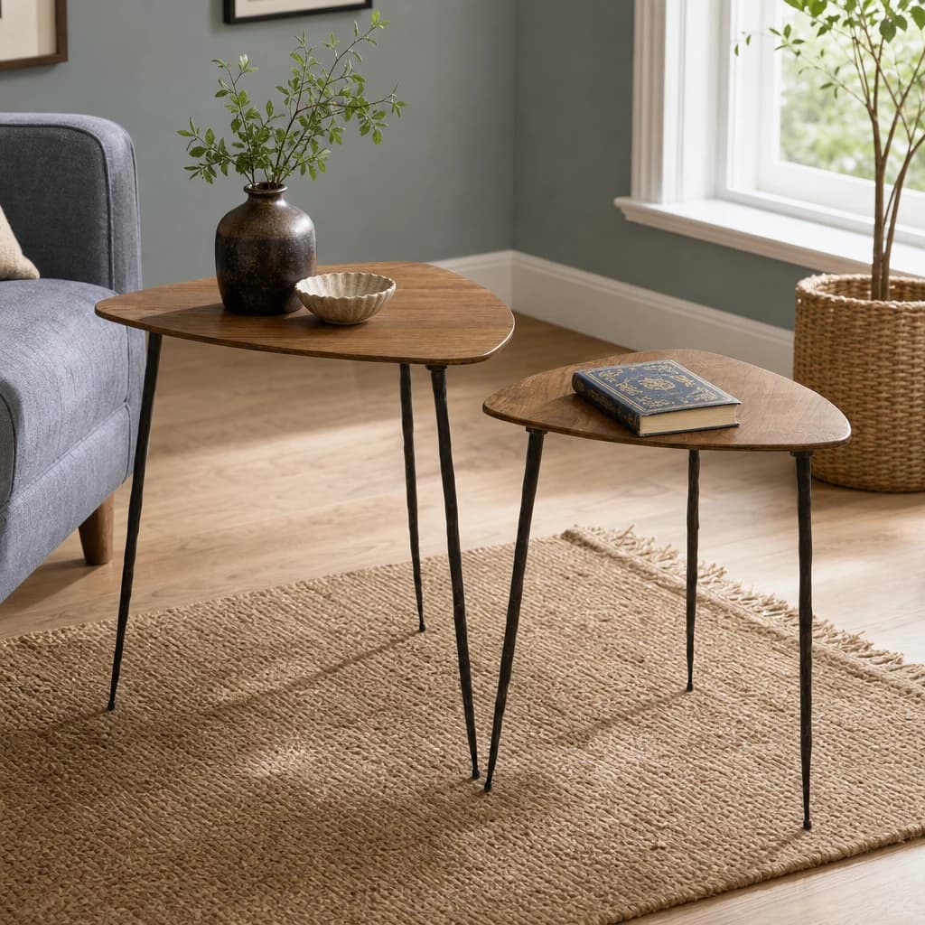 GamelanOak Veneer Triangular Set Of 2 Side Tables - Tables, photo 1 of 4