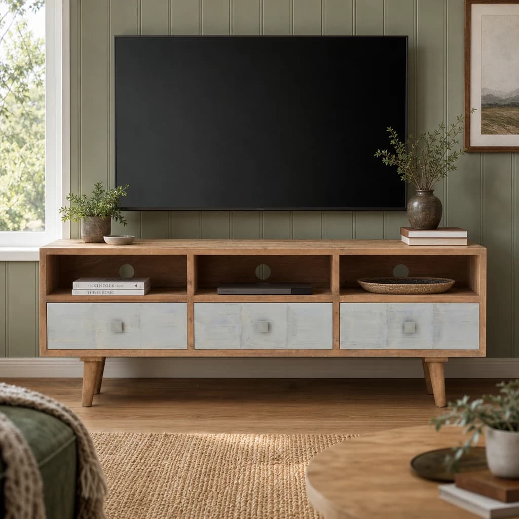 Papua Whitewash Pine Wood Media Unit - Bookcases & shelving, photo 1 of 8