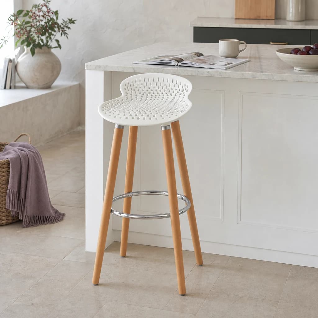 Stockholm White Moulded Plastic and Wood Bar Stool - Seating, photo 1 of 6