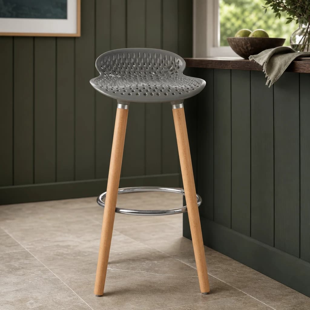 Stockholm Grey Moulded Plastic and Wood Bar Stool - Seating, photo 1 of 8