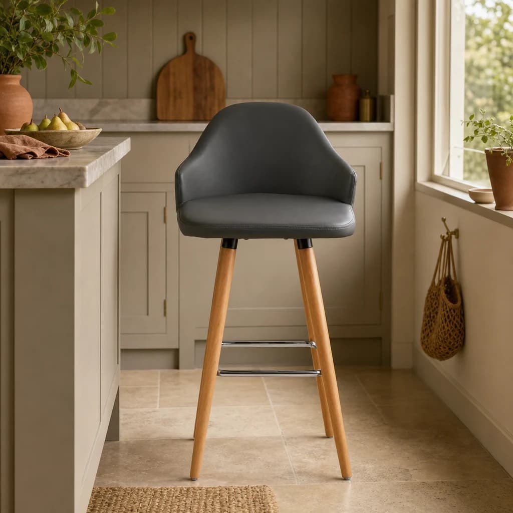 Stockholm Grey Faux Leather Bar Stool with Beechwood Legs - Seating, photo 1 of 6