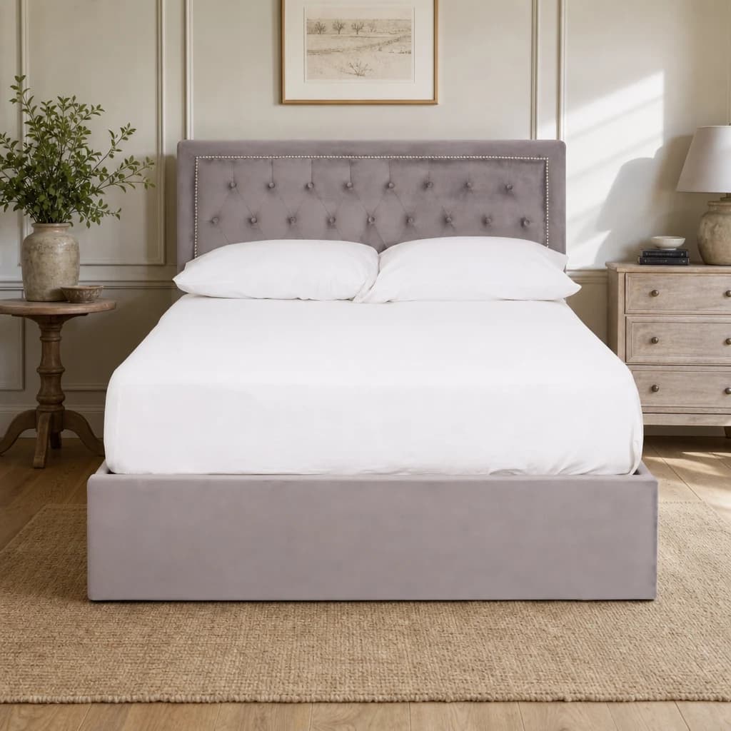 Hannah Grey Velvet Ottoman Bed Double - Furniture, photo 1 of 8