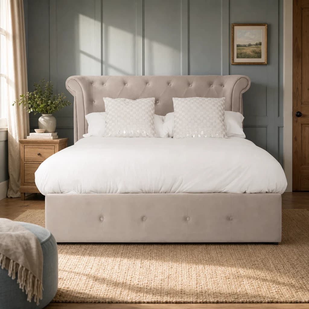 Edison Mink Velvet Ottoman Double Bed - Furniture, photo 1 of 8