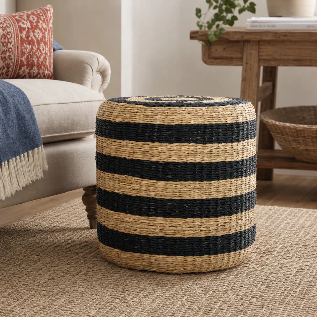 Ashby Seagrass Pouffe with Black Stripes. - Decorative, photo 1 of 5